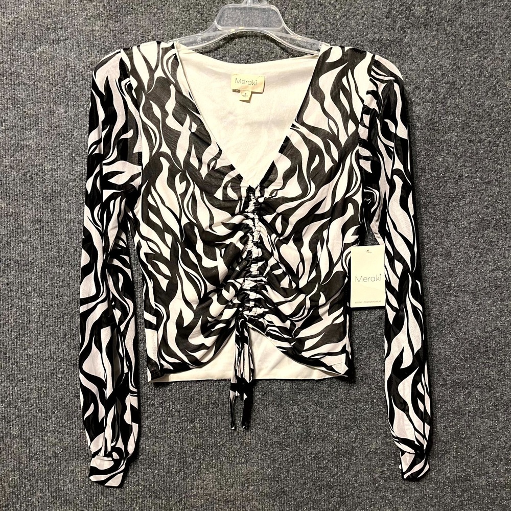 Meraki Mesh Ruched Crop Top Womens Small Black White Zebra Print Lined Pullover